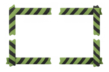 Hazard warning tape border creating a caution frame with black and green stripes for attention and danger information, transparent background