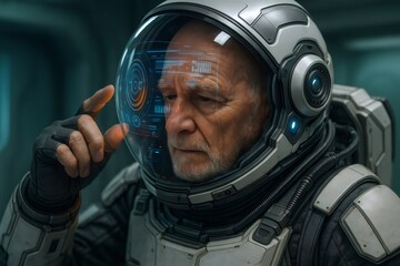 Senior cosmonaut engaging with advanced augmented reality interface inside a space suit visor, exploring future space travel