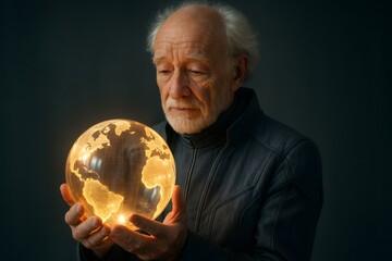 Elderly man holding a glowing world globe in his hands, representing global connectivity, future vision, and technology