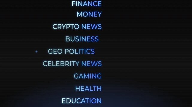 Digital information technology, Geo Politics being selected from the list of news events, current events, Menu Scrolling animation, Learning and Tech, High tech, Loading or Selection Screen. News menu