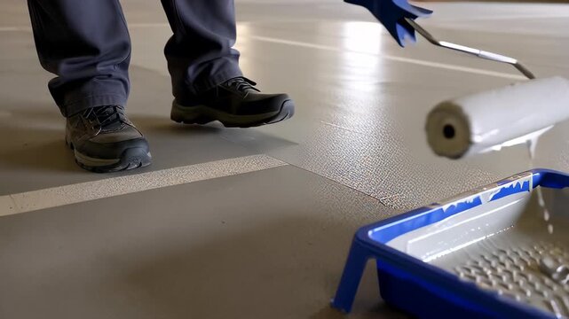 Professional worker painting a concrete floor with grey epoxy coating using a roller, illustrating industrial renovation and maintenance.