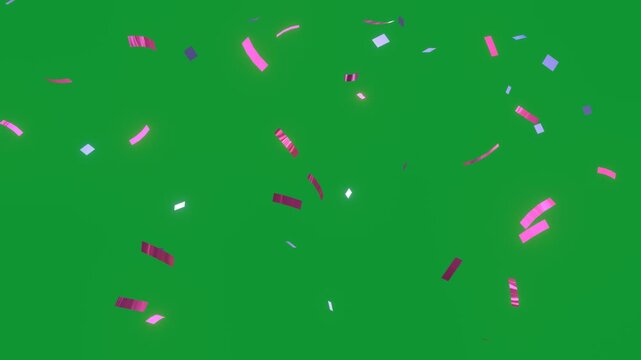 Animated Sparkling Pink Confetti Explosion on Green Background, Metallic Paper Scraps Falling and Floating Dynamically, Festive Celebration Element Concept for Visual Overlay Effect