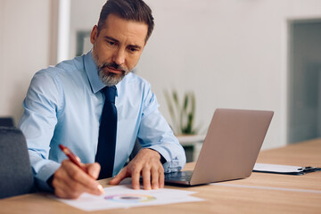 Fototapeta premium Male CEO working on business reports in office.