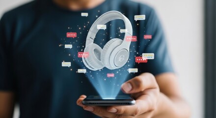 User interacting with holographic projection of wireless headphones surrounded by customer review ratings