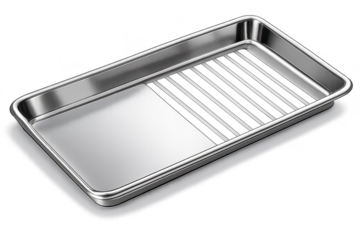 Metal oven tray with grill and transparent background on a dark surface