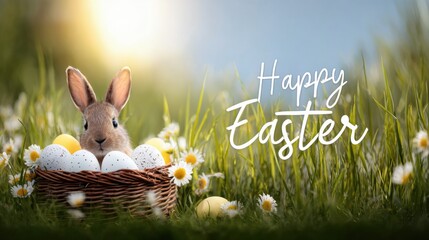 Easter spring background with grass flowers eggs basket and cute bunny in sunlight festive design.
