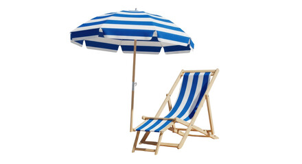 classic blue/white striped beach umbrella and matching wooden deck chair on light, textured sand, isolated against seamless gray backdrop. concept of cheerful summer vacation