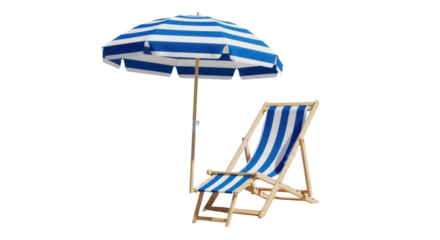 classic blue/white striped beach umbrella and matching wooden deck chair on light, textured sand, isolated against seamless gray backdrop. concept of cheerful summer vacation
