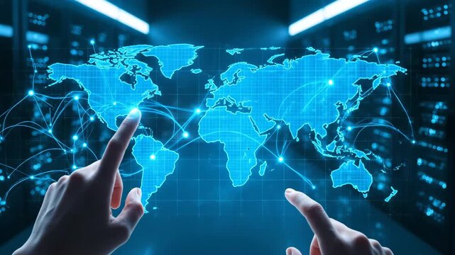 Hands touch holographic world map in a blue data server room. Futuristic interface showing a virtual reality technology concept.