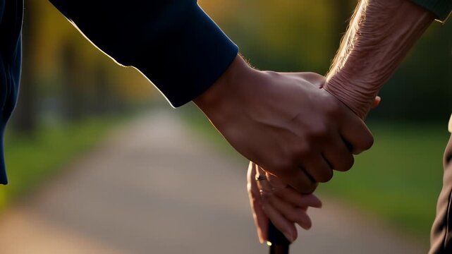 Close up of a caregiver holding the wrinkled hand of a senior with a cane during a golden hour walk outdoors, illustrating compassion and elderly support concepts.