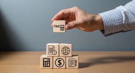 Businessman carefully placing a wooden block labeled "tax" atop a foundation of financial planning icons