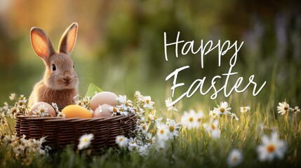 Easter spring background with grass flowers eggs basket and cute bunny in sunlight festive design.