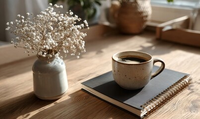 Coffee mug sitting on a notebook next to a vase of airy flowers, creating a cozy workspace moment with warm sunlight