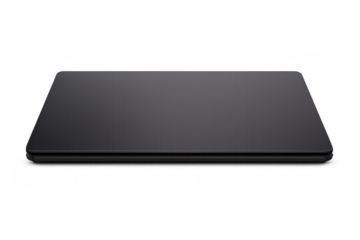 Closed black modern laptop template, sleek notebook with empty blank screen, compact portable computer technology