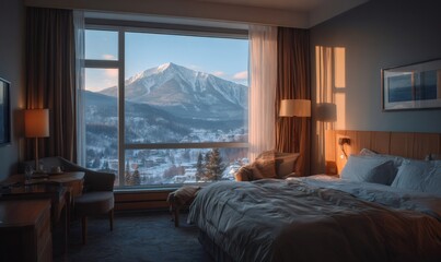 Hotel room a breathtaking view of snow-capped mountains and a winter landscape, featuring warm sunlight entering the window