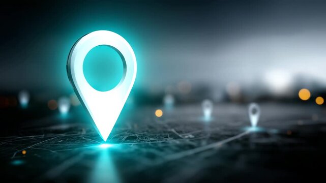 4K digital map visualization showing a city map from a slightly angled top-down perspective, with glowing location pins placed at multiple points to represent busin  4K