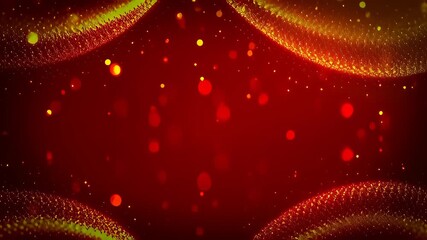 Luxurious red abstract background with shimmering gold glitter particles and bokeh lights flowing in a seamless loop, ideal for Christmas awards or festive celebration concepts