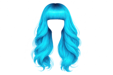 Aqua blue wavy hair wig with bangs on transparent background image.