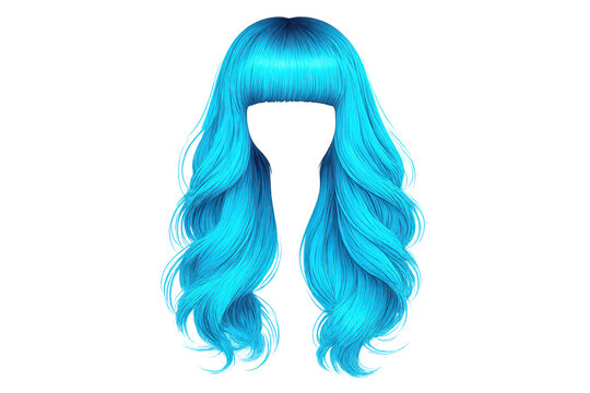 Aqua blue wavy hair wig with bangs on transparent background image.