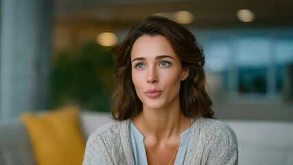 calm, professional scene inside a bright modern office where a compassionate female therapist is attentively listening to her client. She sits slightly angled toward the camera