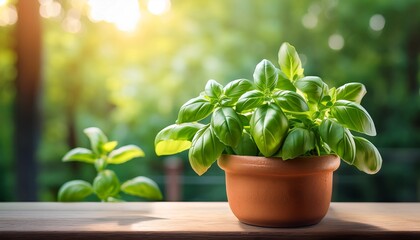 Vibrant Green Basil Plant In Terracotta Pot On Wooden Windowsill With Soft Natural Light And Blurred Outdoor Foliage Background