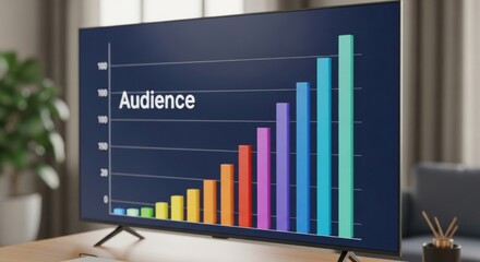 A television screen displaying a colorful bar chart illustrating consistent audience growth over time in an office setting.