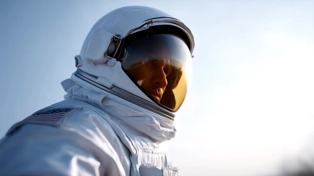 clean, high-contrast close-up of an astronaut wearing a classic white EVA spacesuit, positioned on the left side of the frame against a completely white background. The astronaut&rsquo;s 4K