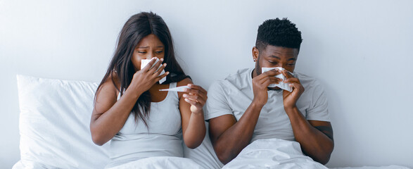 Two people sitting in bed hold tissues and a thermometer in a room with light-colored walls. They...