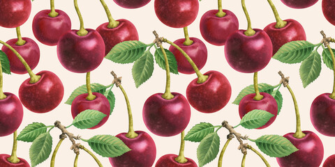 Seamless pattern on beige background cherries in a row food watercolor illustration. Whole sweet cherry, berry core fruits, leaves, leaf, stalk, stems on branch watercolour hand drawn elements clipart © Nataliia