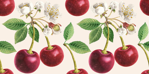 Seamless pattern beige background cherries in a row food watercolor illustration. Whole sweet cherry, berry core fruits, leaves, leaf stalk stems flowers branch watercolour hand drawn elements clipart © Nataliia