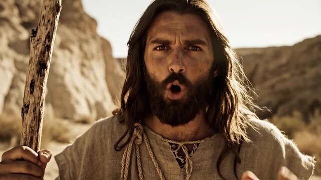 A bearded biblical prophet, resembling Jesus Christ or John the Baptist, passionately preaching the Sermon on the Mount,  close-up portrait generative ai.