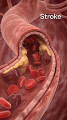 Vessel narrowing causing ischemic stroke, cerebral infarction; thrombotic, embolic blockage impacting blood flow; brain damage, critical health condition, medical science, anatomy.