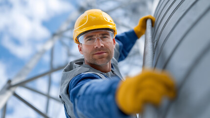 Male industrial worker in hard hat, safety glasses and gloves climbing an outdoor ladder, confident and focused on a high risk maintenance task under a clear daytime sky