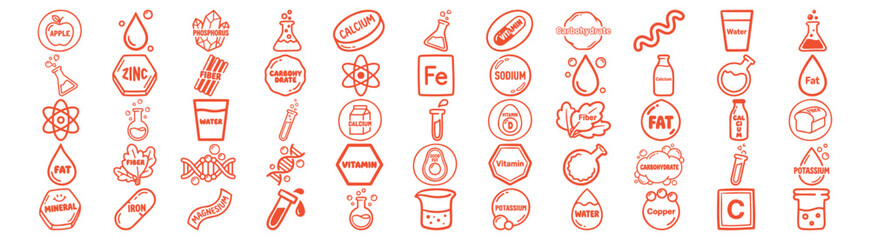 Hand drawn line art nutrition icon set close up rows of orange vitamin and mineral symbols on white background flat vector style