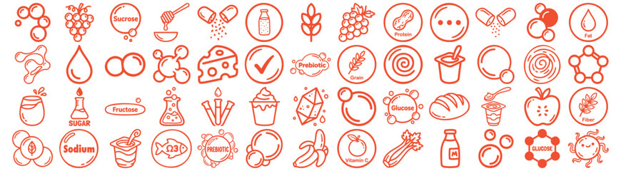 Flat line icon set close up of nutrition and food symbols labeled sugar sodium glucose vitamins minerals in orange pattern