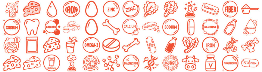 Flat design close up nutrition icon banner showing cheese milk egg bone pill vitamin calcium symbols in orange landscape orientation row