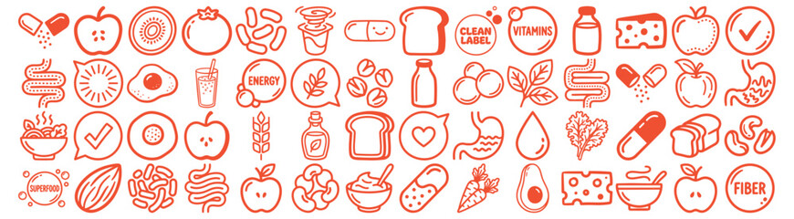 Hand drawn line icon set of digestive health and clean label food icons arranged in grid with orange stroke minimal flat