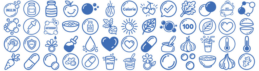 Flat line art icon set close up showing blue health and probiotic symbols including kefir cup garlic pill heart and leaf
