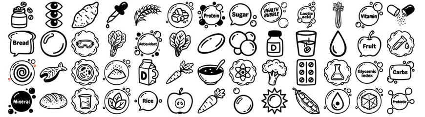 Hand drawn doodle icon set of nutrition and food symbols close up horizontal row vector outline for web packaging design minimal