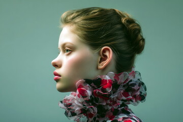 Profile view of a young woman with an elegant hairstyle and colorful neck accessory against a soft background