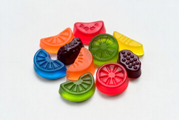Colorful fruit-shaped gummy candies on a white surface arranged in a casual pile during daylight