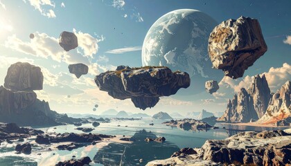 Futuristic Landscape with Floating Islands and Planet.