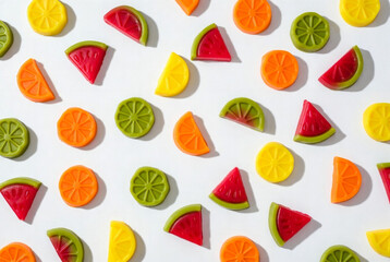 Colorful fruit-shaped candies scattered on a white background with different shapes and colors