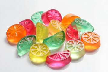 Colorful candy pieces shaped like fruits arranged on a white surface in a playful display with a variety of shapes and colors