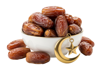 dates in white bowl with crescent charm for ramadan and eid mubarak