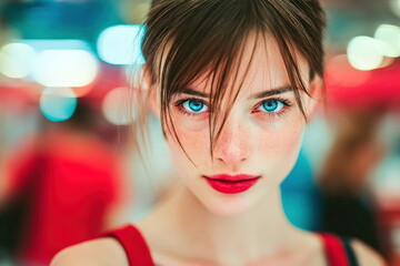 Young woman with blue eyes and red lips stands in a bright setting during a public event in the afternoon