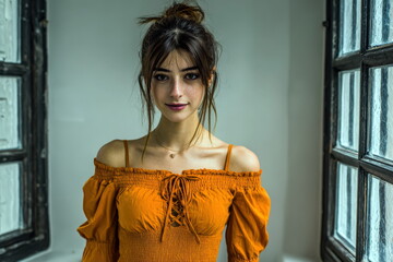 Woman in orange top stands by window with gray walls, looking at the camera during daylight in an indoor space