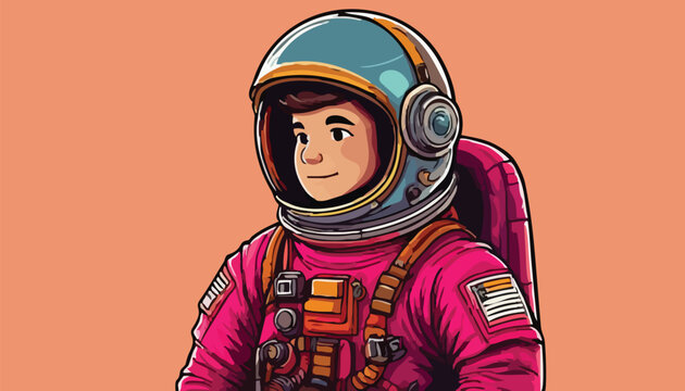 Cartoon Astronaut Boy in Pink Suit and Helmet.