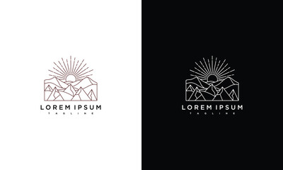 Fototapeta premium Mountain landscape illustration featuring sunrise and minimalist design elements