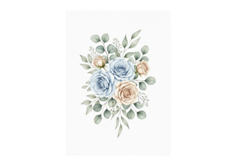 photorealistic photo of a delicate watercolor illustration featuring soft pale blue and creamy beige roses intertwined with muted green eucalyptus on fine art paper, ample negative space. concept of